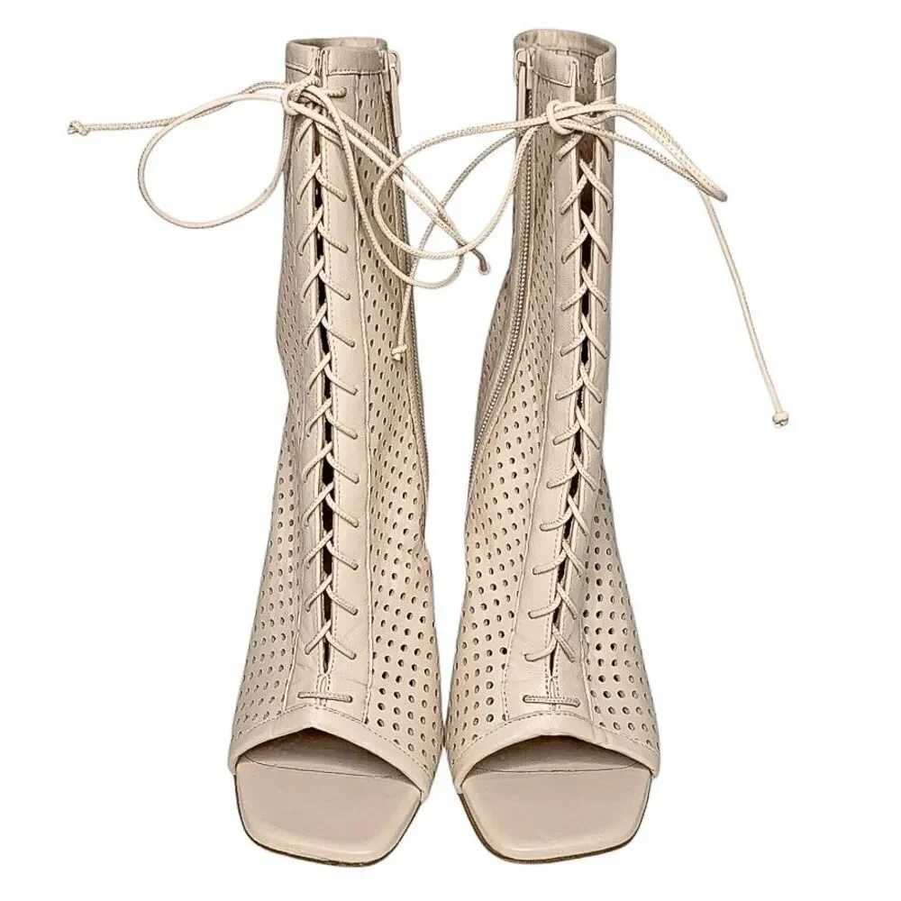 Christian Louboutin Open Condora Booty 100 Leche Leather Lace-Up Heel Boots 36.5